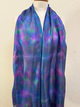 Load image into Gallery viewer, Hand Dyed Long Silk Scarf in Blue Green Purple Pink
