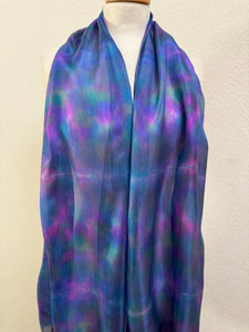 Hand Dyed Long Silk Scarf in Blue Green Purple Pink