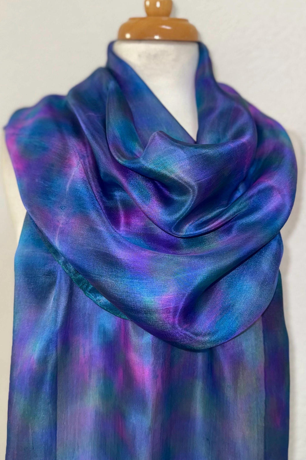 Hand Dyed Long Silk Scarf in Blue Green Purple Pink