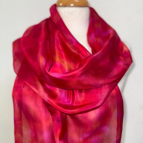 Hand Dyed Long Silk Scarf in Red Pink Coral