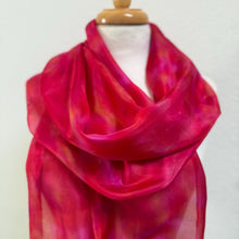 Load image into Gallery viewer, Hand Dyed Long Silk Scarf in Red Pink Coral
