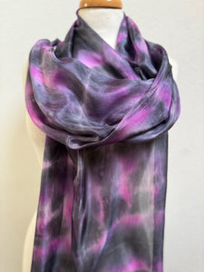 Hand Dyed Long Silk Scarf in Grey Charcoal Pink