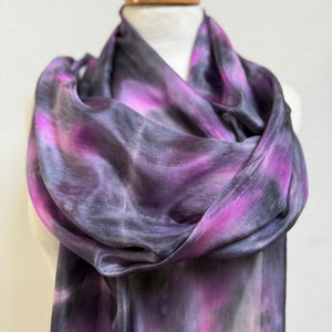 Hand Dyed Long Silk Scarf in Grey Charcoal Pink