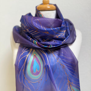 Peacock Feathers Design Long Scarf : Hand Painted Silk in Purple Blues Copper by Designer Silk Artist