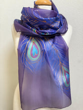 Load image into Gallery viewer, Peacock Feathers Design Long Scarf : Hand Painted Silk in Purple Blues Copper by Designer Silk Artist
