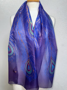 Peacock Feathers Design Long Scarf : Hand Painted Silk in Purple Blues Copper by Designer Silk Artist