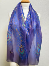 Load image into Gallery viewer, Peacock Feathers Design Long Scarf : Hand Painted Silk in Purple Blues Copper by Designer Silk Artist
