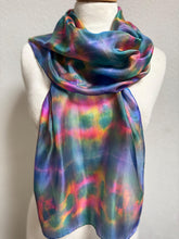 Load image into Gallery viewer, Hand Dyed Silk Neck Scarf in Blue Green Teal Pink by Designer Silk Artist
