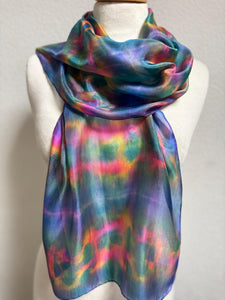 Hand Dyed Silk Neck Scarf in Blue Green Teal Pink by Designer Silk Artist