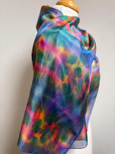 Load image into Gallery viewer, Hand Dyed Silk Neck Scarf in Blue Green Teal Pink by Designer Silk Artist
