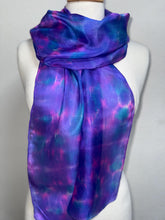Load image into Gallery viewer, Hand Dyed Silk Neck Scarf in Purple Blue Pink by Designer Silk Artist
