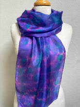 Load image into Gallery viewer, Hand Dyed Silk Neck Scarf in Purple Blue Pink by Designer Silk Artist

