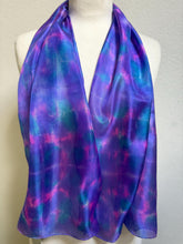 Load image into Gallery viewer, Hand Dyed Silk Neck Scarf in Purple Blue Pink by Designer Silk Artist
