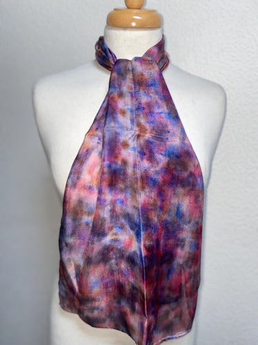Hand Dyed Silk Neck Scarf in Red Blue Burgundy Cream by Designer Silk Artist