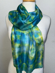 Hand Dyed Silk Neck Scarf in Turquoise Lime Teal by Designer Silk Artist