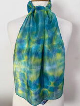 Load image into Gallery viewer, Hand Dyed Silk Neck Scarf in Turquoise Lime Teal by Designer Silk Artist
