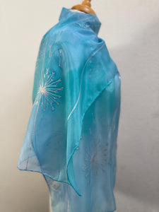 Seed Heads Design Long Scarf : Hand Painted Silk in Blue and Silver