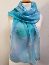 Load image into Gallery viewer, Seed Heads Design Long Scarf : Hand Painted Silk in Blue and Silver
