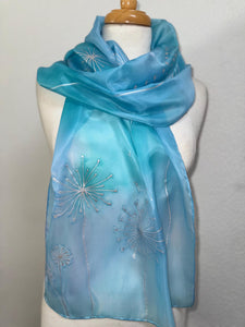 Seed Heads Design Long Scarf : Hand Painted Silk in Blue and Silver