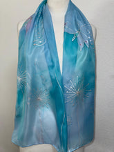 Load image into Gallery viewer, Seed Heads Design Long Scarf : Hand Painted Silk in Blue and Silver
