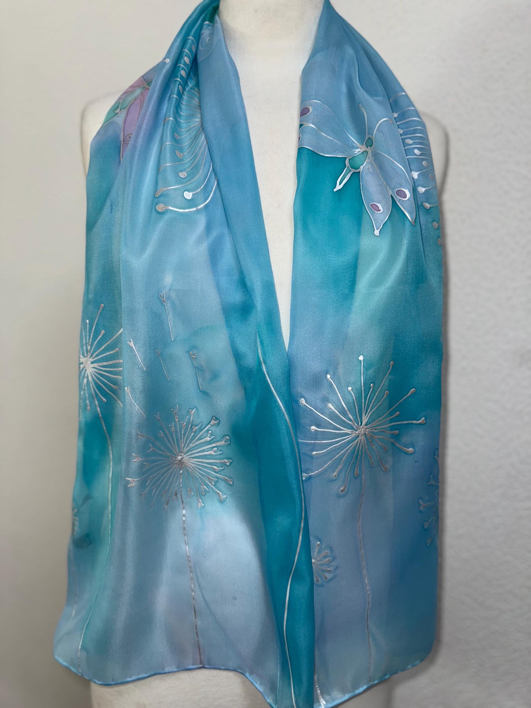 Seed Heads Design Long Scarf : Hand Painted Silk in Blue and Silver