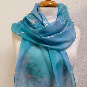 Seed Heads Design Long Scarf : Hand Painted Silk in Blue and Silver