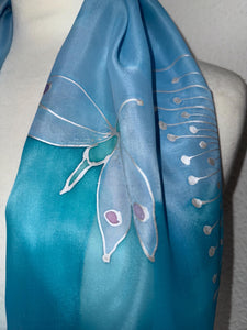 Seed Heads Design Long Scarf : Hand Painted Silk in Blue and Silver