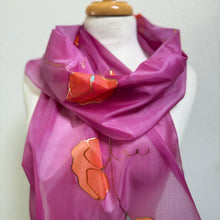 Load image into Gallery viewer, Sweet Pea Design Long Scarf : Hand Painted Silk in Dark Pink Coral Copper
