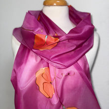 Load image into Gallery viewer, Sweet Pea Design Long Scarf : Hand Painted Silk in Dark Pink Coral Copper
