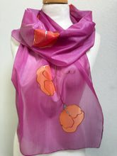 Load image into Gallery viewer, Sweet Pea Design Long Scarf : Hand Painted Silk in Dark Pink Coral Copper
