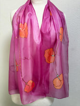 Load image into Gallery viewer, Sweet Pea Design Long Scarf : Hand Painted Silk in Dark Pink Coral Copper
