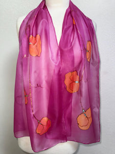 Sweet Pea Design Long Scarf : Hand Painted Silk in Dark Pink Coral Copper