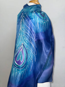 Peacock Feathers Design Long Scarf : Hand Painted Silk in Blue Turquoise Silver by Designer Silk Artist
