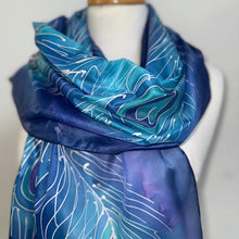Load image into Gallery viewer, Peacock Feathers Design Long Scarf : Hand Painted Silk in Blue Turquoise Silver by Designer Silk Artist
