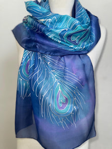 Peacock Feathers Design Long Scarf : Hand Painted Silk in Blue Turquoise Silver by Designer Silk Artist