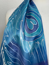 Load image into Gallery viewer, Peacock Feathers Design Long Scarf : Hand Painted Silk in Blue Turquoise Silver by Designer Silk Artist
