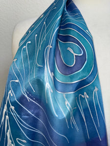Peacock Feathers Design Long Scarf : Hand Painted Silk in Blue Turquoise Silver by Designer Silk Artist