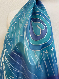Peacock Feathers Design Long Scarf : Hand Painted Silk in Blue Turquoise Silver by Designer Silk Artist