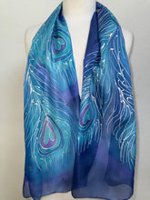Load image into Gallery viewer, Peacock Feathers Design Long Scarf : Hand Painted Silk in Blue Turquoise Silver by Designer Silk Artist

