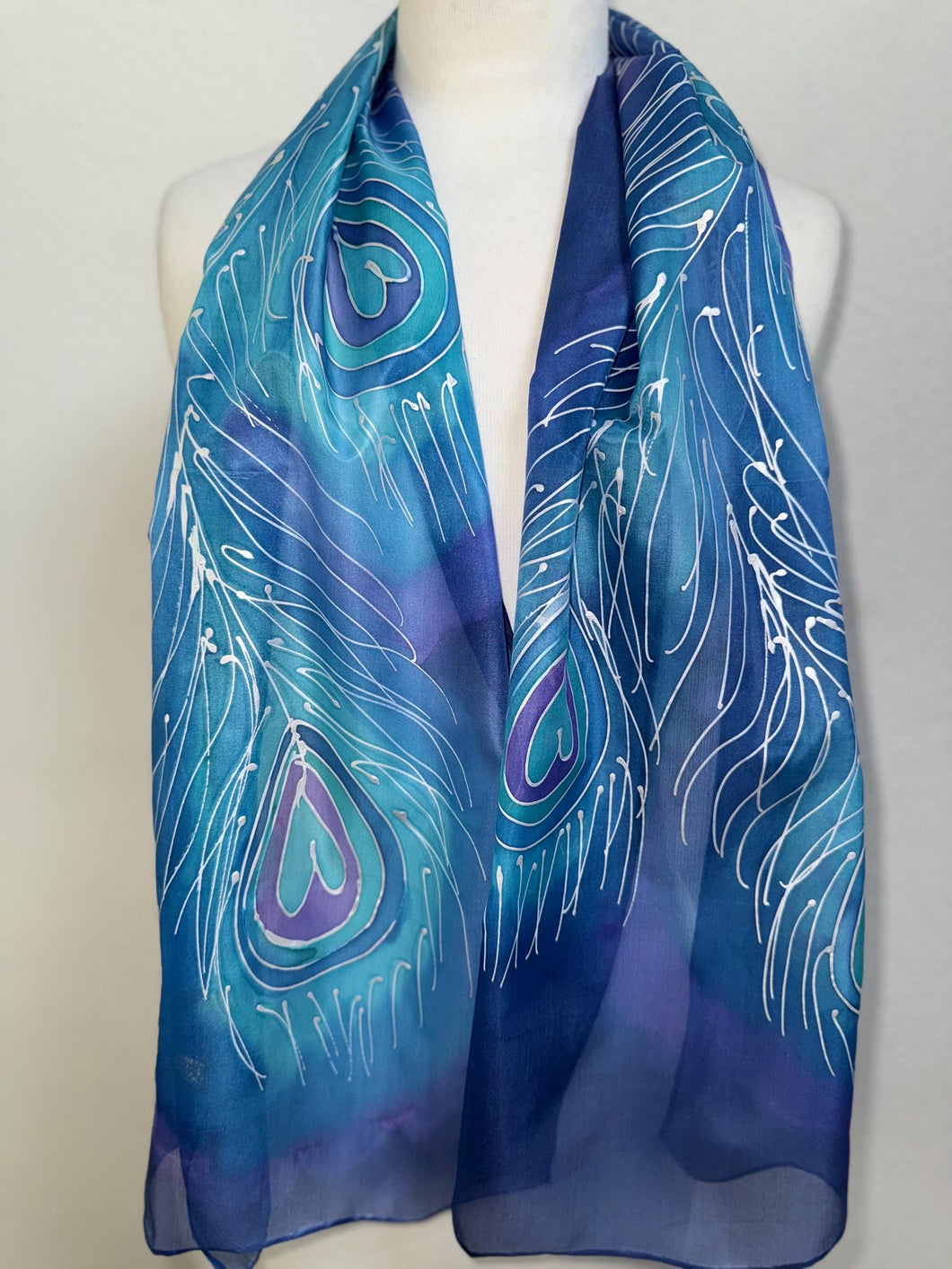 Peacock Feathers Design Long Scarf : Hand Painted Silk in Blue Turquoise Silver by Designer Silk Artist