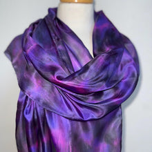Load image into Gallery viewer, Hand Dyed Long Silk Scarf in Purple Charcoal Pink
