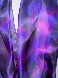Hand Dyed Long Silk Scarf in Purple Charcoal Pink