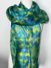 Load image into Gallery viewer, Hand Dyed Long Silk Scarf in Turquoise Blue Teal Lime
