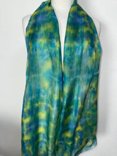 Load image into Gallery viewer, Hand Dyed Long Silk Scarf in Turquoise Blue Teal Lime
