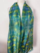 Load image into Gallery viewer, Hand Dyed Long Silk Scarf in Turquoise Blue Teal Lime
