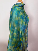 Load image into Gallery viewer, Hand Dyed Long Silk Scarf in Turquoise Blue Teal Lime
