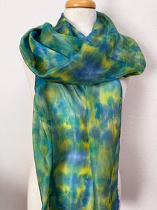 Hand Dyed Long Silk Scarf in Turquoise Blue Teal Lime