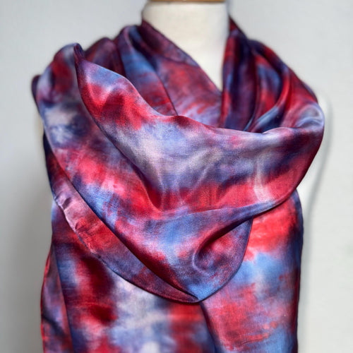 Hand Dyed Long Silk Scarf in Shades of Red Blue