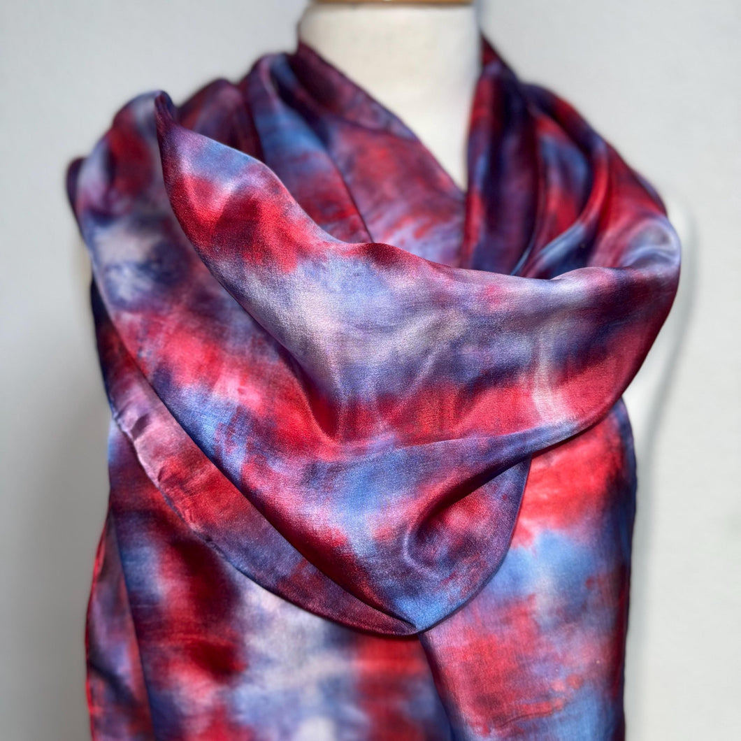 Hand Dyed Long Silk Scarf in Shades of Red Blue