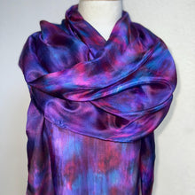 Load image into Gallery viewer, Hand Dyed Long Silk Scarf in Purple Dark Red Blue
